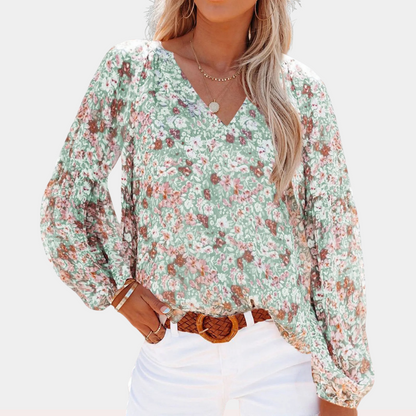 Women's Blouse - V-Neck - Long Puff Sleeves - Flowy Floral Casual Top