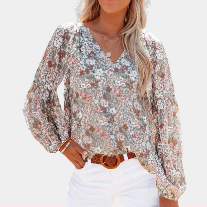 Women's Blouse - V-Neck - Long Puff Sleeves - Flowy Floral Casual Top
