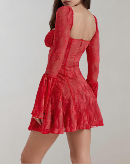 Women’s Mini Dress - Sheer Floral Textured Fabric - Sweetheart Neckline - Bell Sleeves