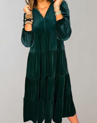Women's Velvet Midi Dress - Tiered Design - V-Neck Long Sleeve - Elegant & Flowy