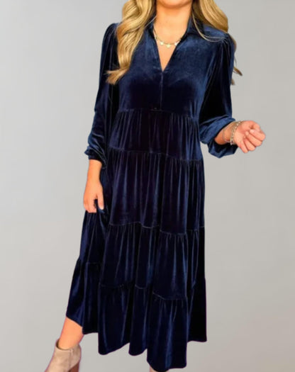 Women's Velvet Midi Dress - Tiered Design - V-Neck Long Sleeve - Elegant & Flowy