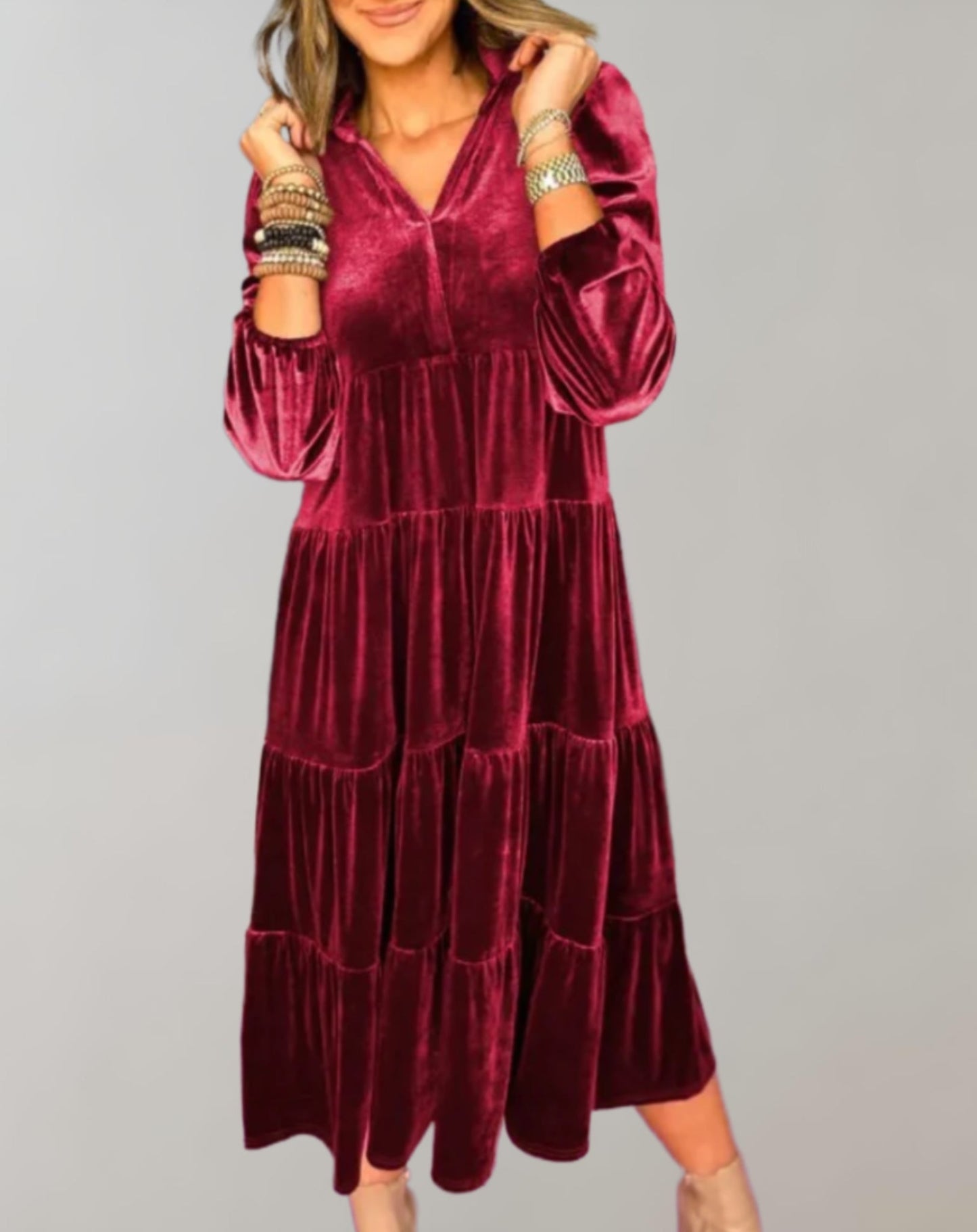 Women's Velvet Midi Dress - Tiered Design - V-Neck Long Sleeve - Elegant & Flowy