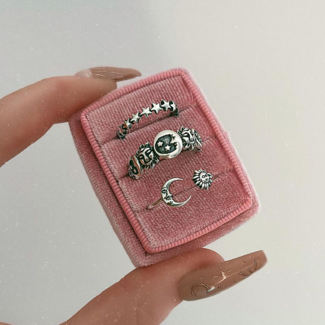 Vintage moon and star ring set