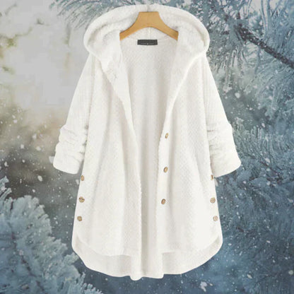 Women's Hooded Coat - Oversized Fit - Plush Fabric - Button Front - Cozy & Warm