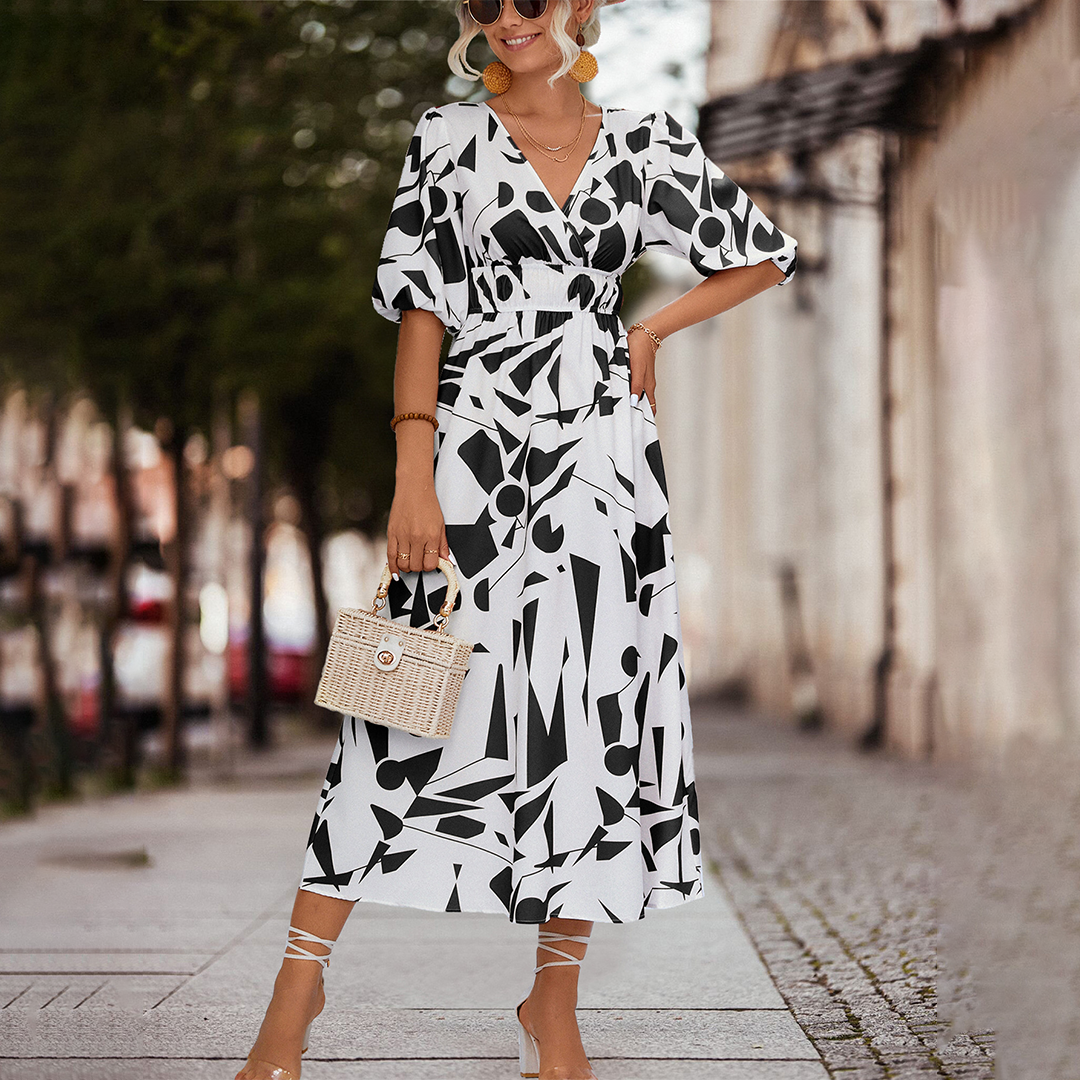 Women's Midi Dress - A-Line Silhouette - V-Neck - Short Puff Sleeves - Cinched Waist