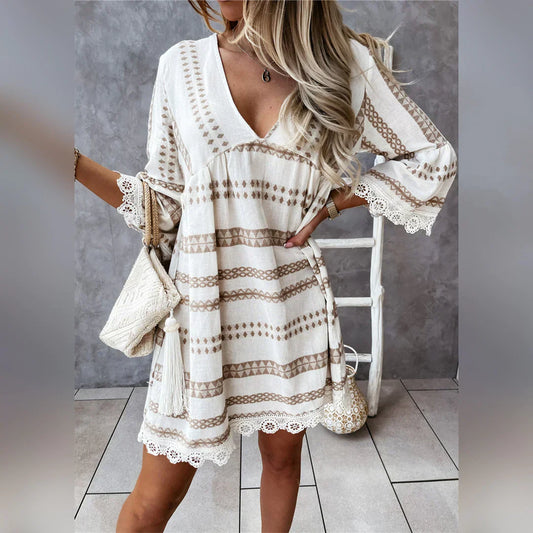 Flowing Lace Trim Bohemian V-Neck Dress