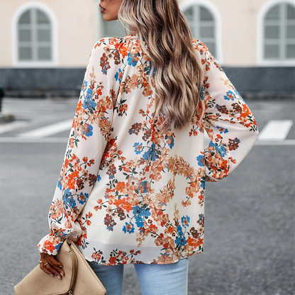 Women’s Floral Blouse - V-Neck - Long Sleeve Loose Fit - Button Front Elegant Style