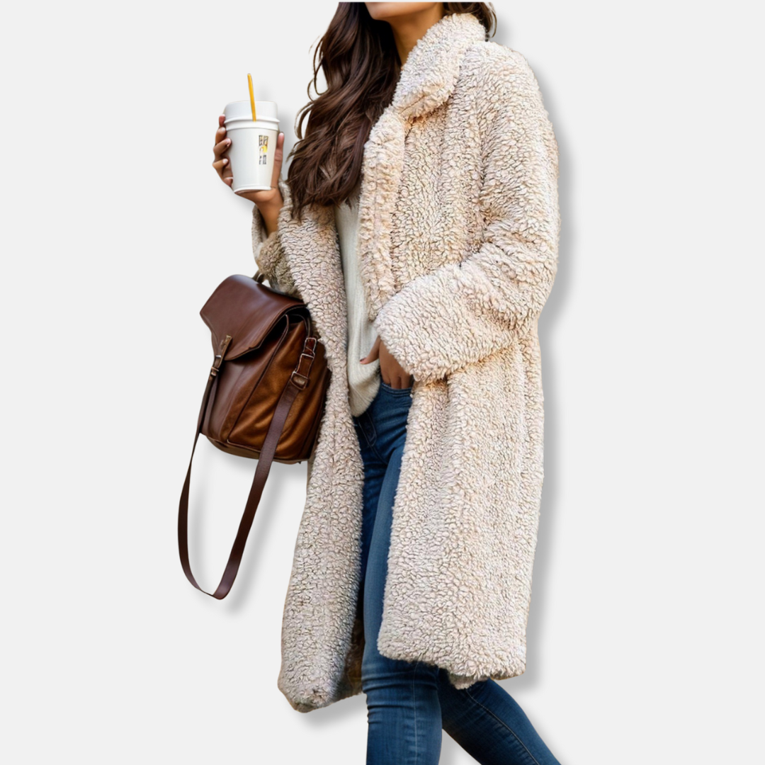 Women’s Trench Coat – Relaxed Fit – Plush Textured Fabric – Notched Lapel – Mid-Calf Length