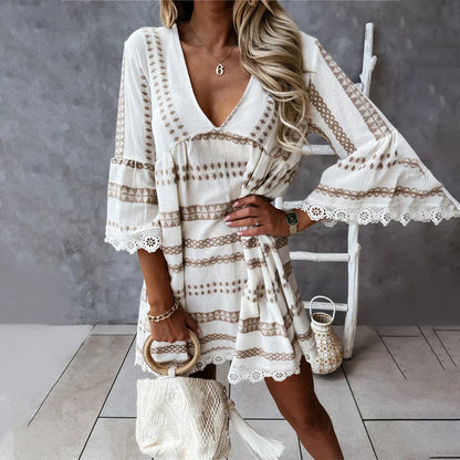 Women's Bohemian Dress - V-Neck, Flowing Fit - 3/4 Sleeve Lace Trim Casual Wear
