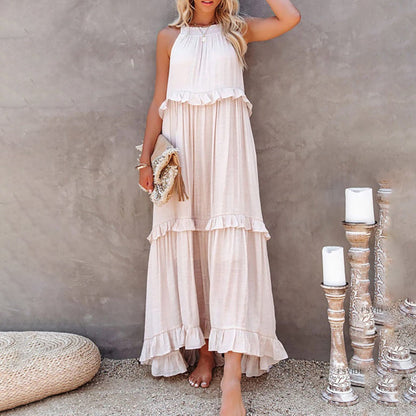 Women's Maxi Dress - Halter Neck - Flowy Fit - Ruffle Trim Elegant Full-Length