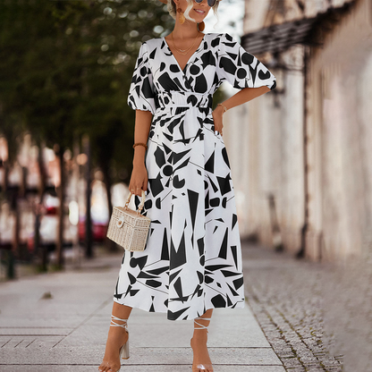 Women's Midi Dress - A-Line Silhouette - V-Neck - Short Puff Sleeves - Cinched Waist