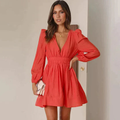 Women's A-Line Mini Dress - Deep V-Neck - Long Puff Sleeve - Waist Cinching Elegant Fit