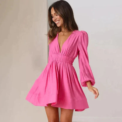 Women's A-Line Mini Dress - Deep V-Neck - Long Puff Sleeve - Waist Cinching Elegant Fit