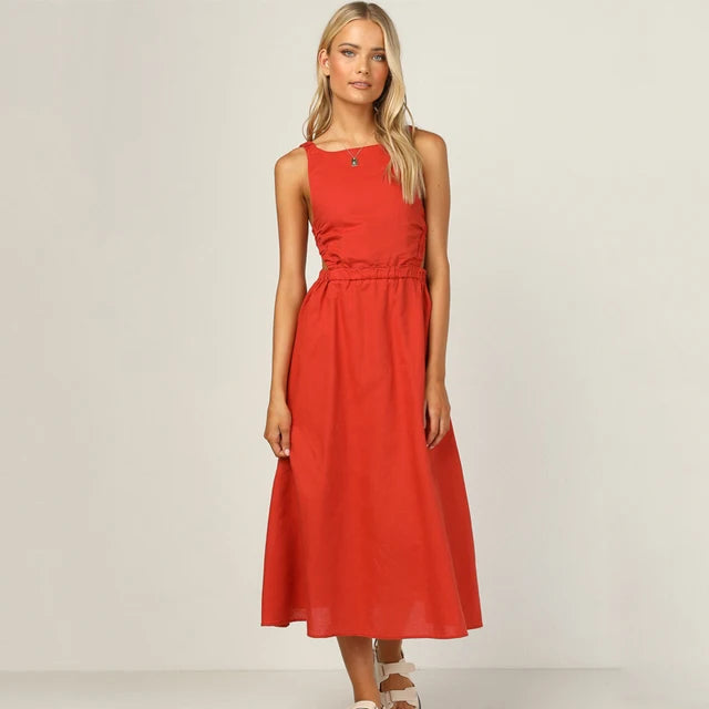 Women's Maxi Dress - Sleeveless Halter Neck - Ruched Straps - Open Back - Flowy A-Line