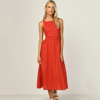 Women's Maxi Dress - Sleeveless Halter Neck - Ruched Straps - Open Back - Flowy A-Line