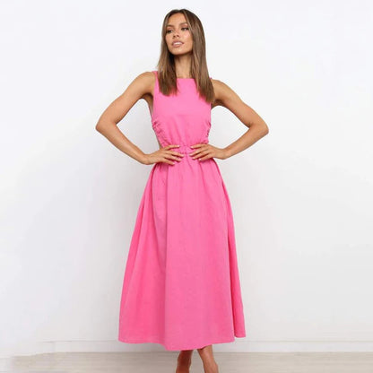 Women's Maxi Dress - Sleeveless Halter Neck - Ruched Straps - Open Back - Flowy A-Line
