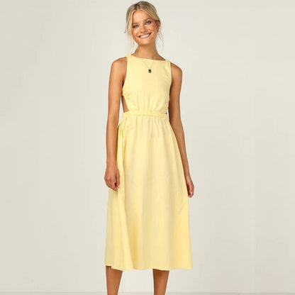 Women's Maxi Dress - Sleeveless Halter Neck - Ruched Straps - Open Back - Flowy A-Line