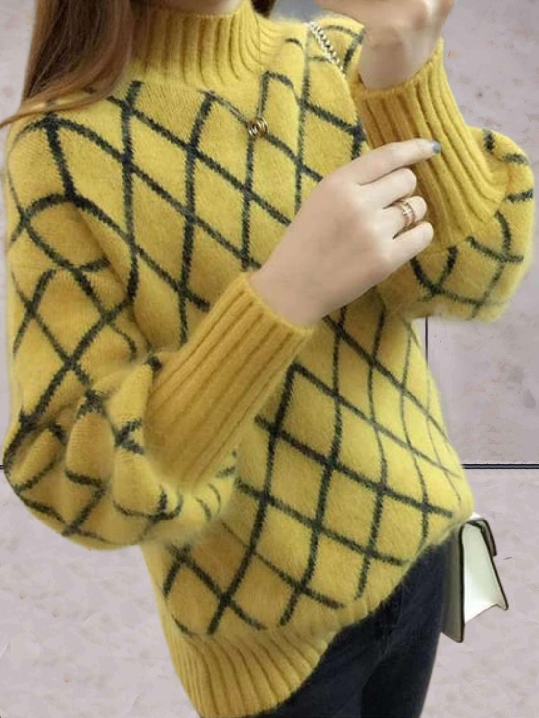 Women's stylish knitted argyle sweater with fashionable turtleneck