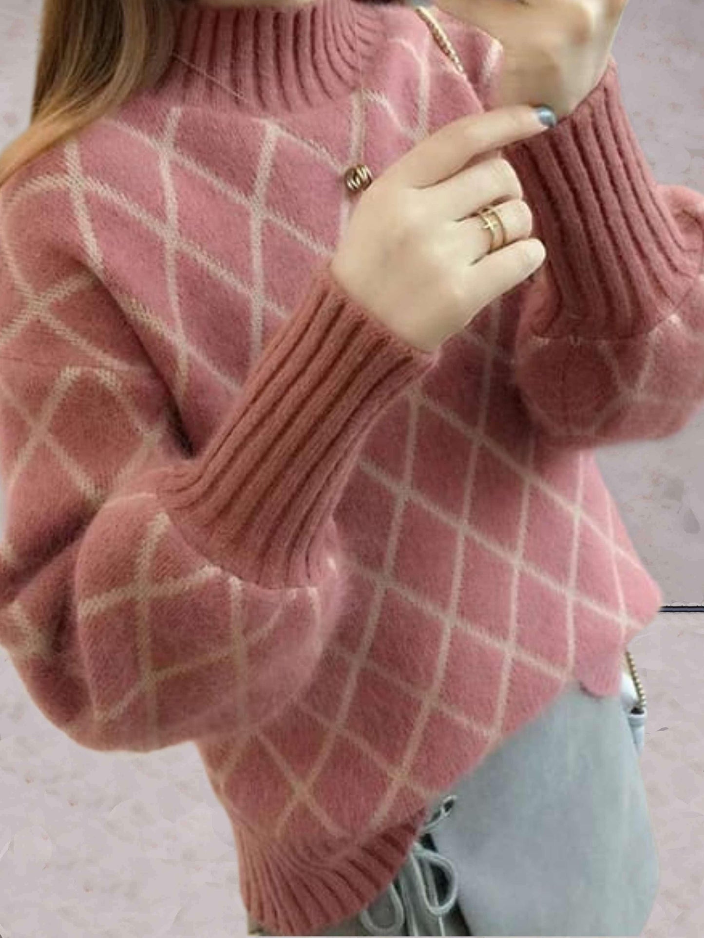 Women's stylish knitted argyle sweater with fashionable turtleneck