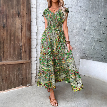Women's Maxi Dress - Fit-and-Flare - V-Neck - Cap Sleeves - Smocked Bodice - Tiered Skirt