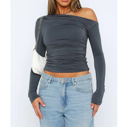 Women's Asymmetrical One-Shoulder Top - Ruched Fitted - Long Sleeve Cropped Stretchy