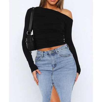 Women's Asymmetrical One-Shoulder Top - Ruched Fitted - Long Sleeve Cropped Stretchy