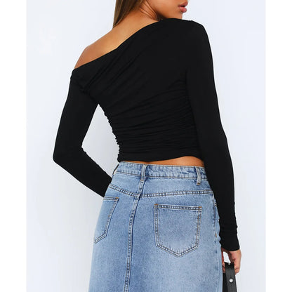 Women's Asymmetrical One-Shoulder Top - Ruched Fitted - Long Sleeve Cropped Stretchy