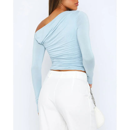 Women's Asymmetrical One-Shoulder Top - Ruched Fitted - Long Sleeve Cropped Stretchy