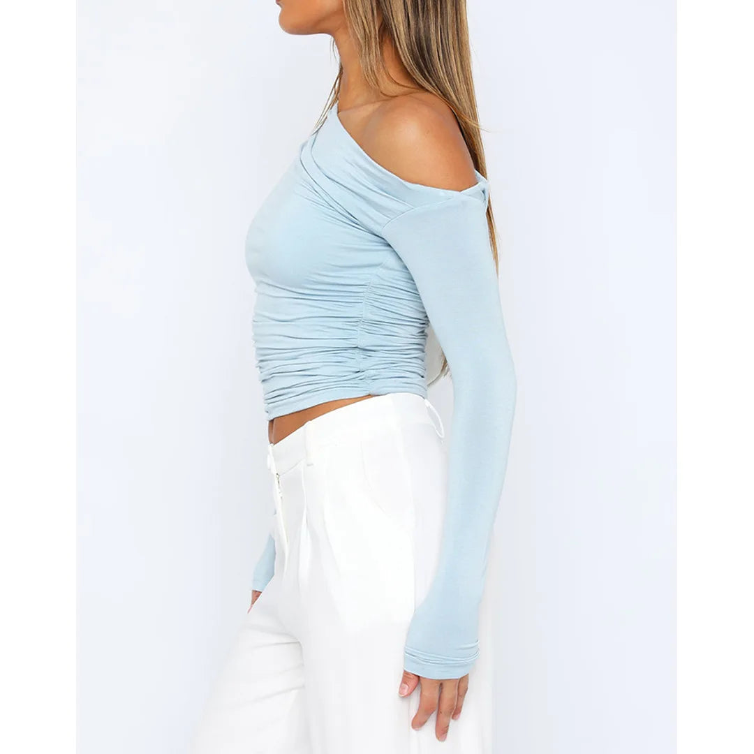 Women's Asymmetrical One-Shoulder Top - Ruched Fitted - Long Sleeve Cropped Stretchy