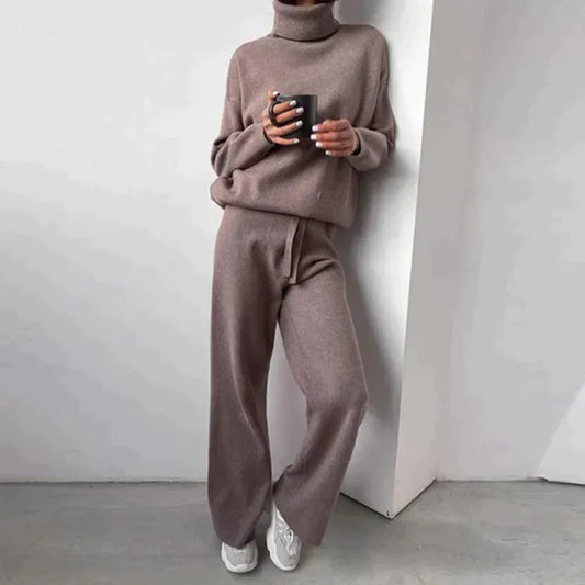 Knitted Drawstring Two-Piece Turtleneck Sweater Set