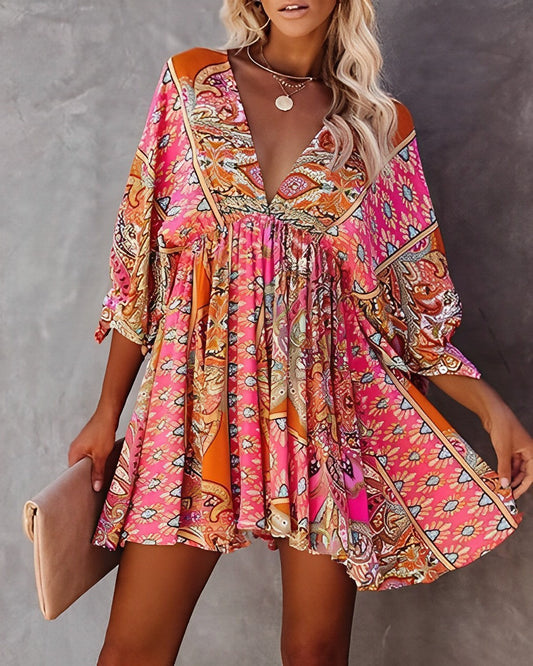 Flowy Bohemian V-Neck Mini Dress