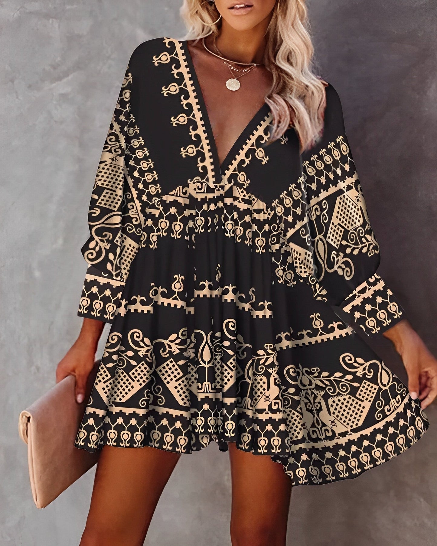 Women's Bohemian Mini Dress - Deep V-Neck - Flowy Fit - 3/4 Sleeve Casual Wear