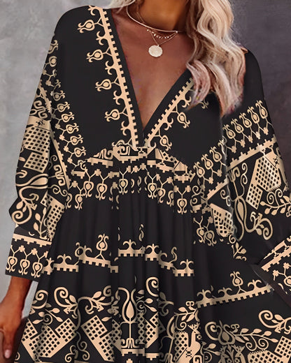 Women's Bohemian Mini Dress - Deep V-Neck - Flowy Fit - 3/4 Sleeve Casual Wear