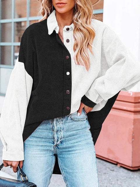 Color Block Ribbed Loose Shirt Jacket