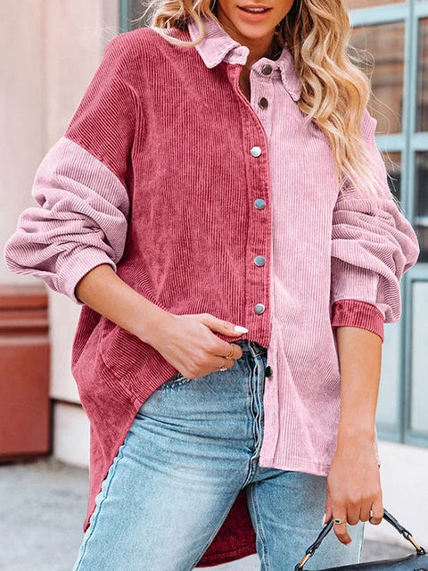 Color Block Ribbed Loose Shirt Jacket