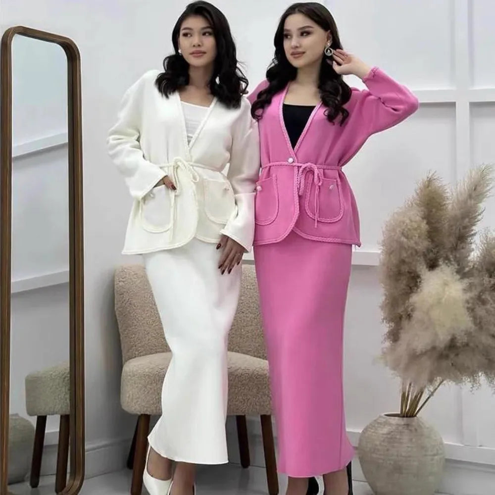 Reva - elegant leisure set with vest and belted skirt
