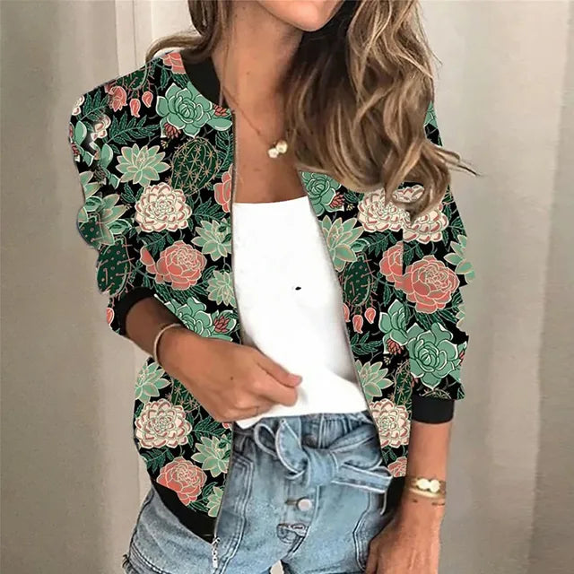 Women's retro digital printed zipper short jacket
