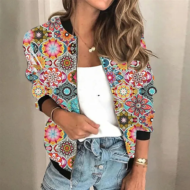 Women's retro digital printed zipper short jacket