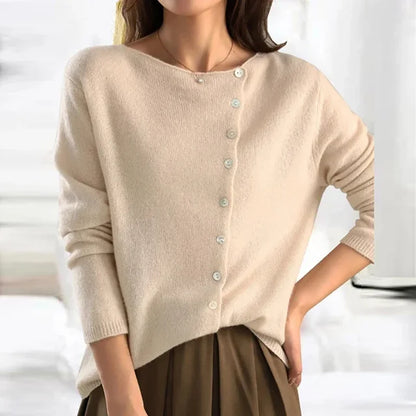 Women's Knitted Cardigan - Long Sleeve - Asymmetrical Button Front - Soft & Warm