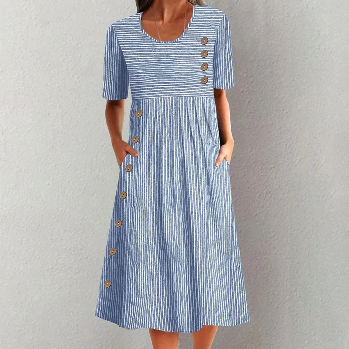 Button Detail Pocket Design Midi Dress
