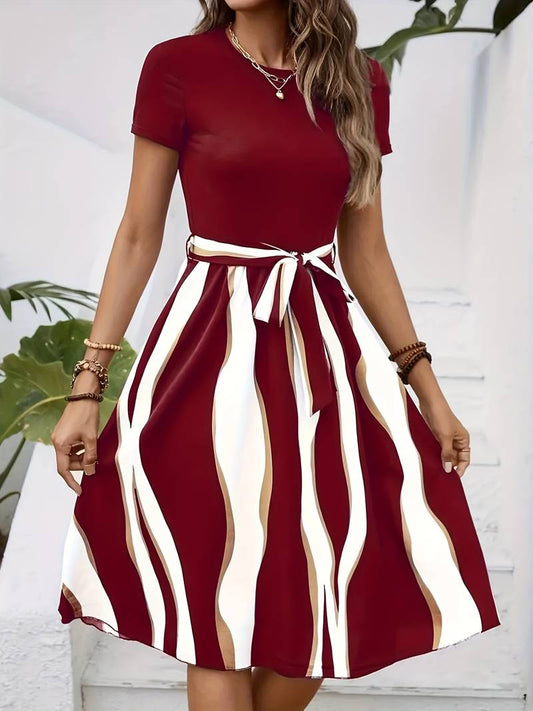 Striped Waist Tie A-Line Dress