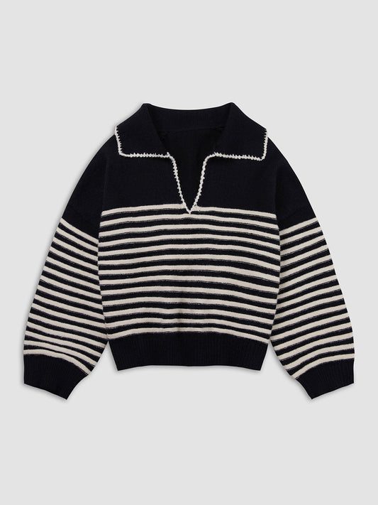 Striped Relaxed Fit Zip Collar Sweater