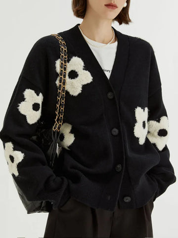 Floral knit cardigan with oversized flower pattern