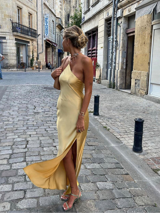 Satin One-Shoulder Floor Length Slip Dress