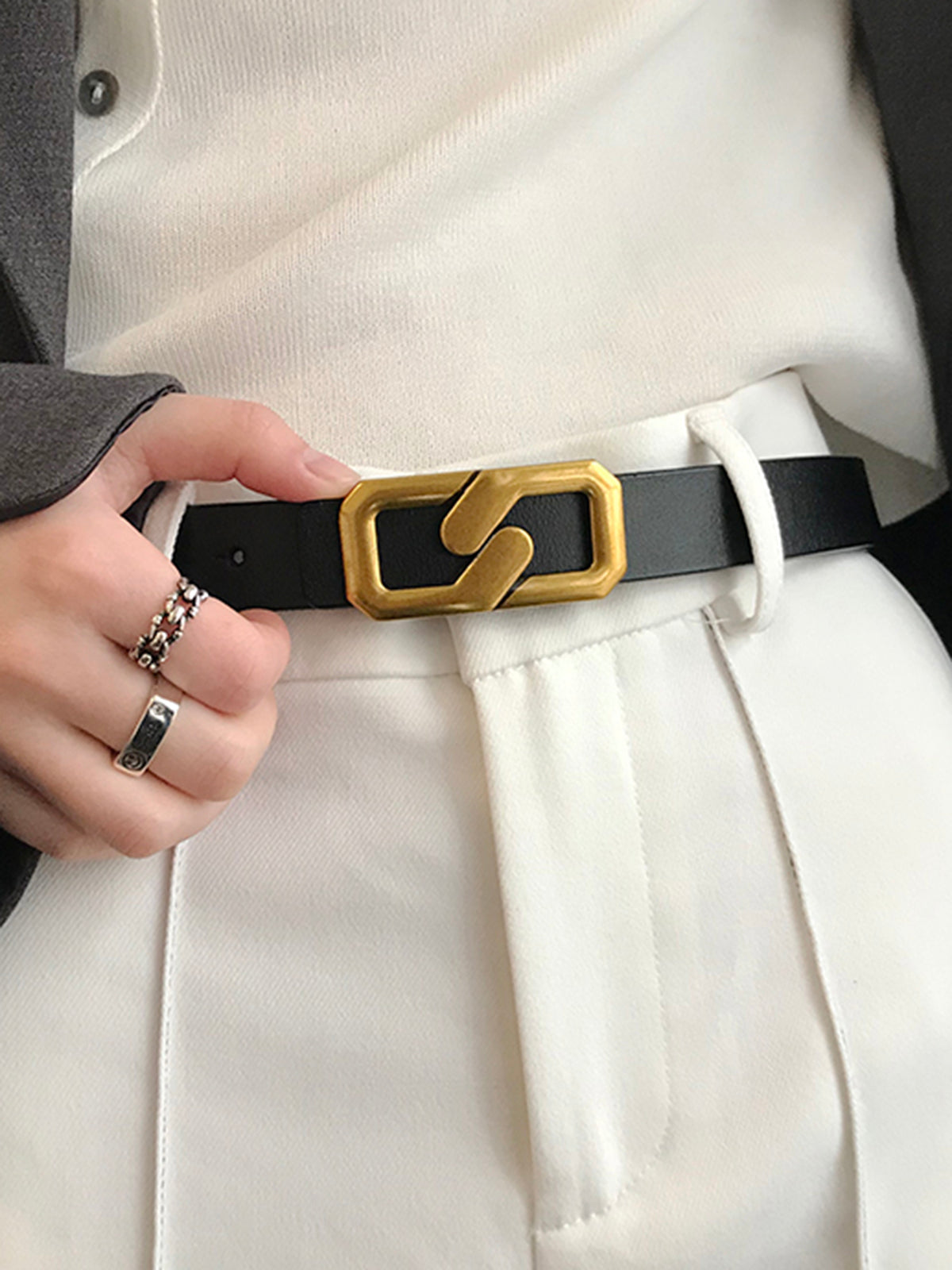 Men’s Leather Belt - Geometric Pin Buckle - Sleek Modern Design - Casual & Formal