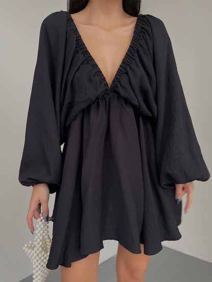 Women's V-Neck Dress - Empire Waist - Long Sleeve Flowing Lightweight Fabric