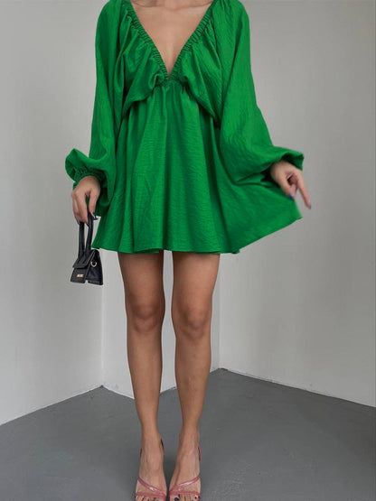 Women's V-Neck Dress - Empire Waist - Long Sleeve Flowing Lightweight Fabric