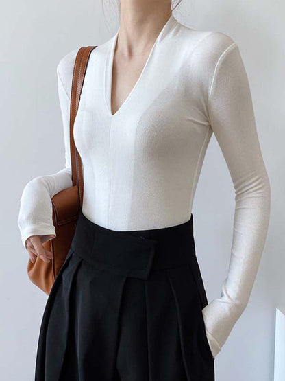 Women’s Long-Sleeve Ribbed Knit Top – V-Neck Stretch Fit – Casual & Elegant