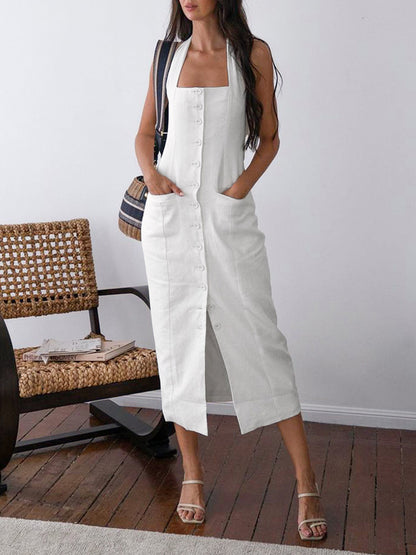 Women's Halter Neck Midi Dress - Button Down Front - Front Slit Elegant Fit