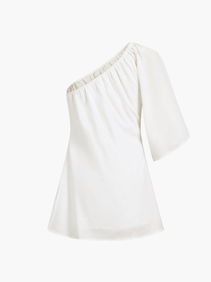 Women’s One-Shoulder Dress - Puffed Sleeve - Fitted Bodice - Lightweight Elegant Fit